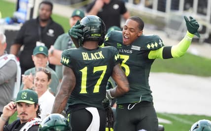 Louisville’s Tarik Black and Cameron Dantzler celebrates scoring a touchdown against the Dallas Renegades at Lynn Family