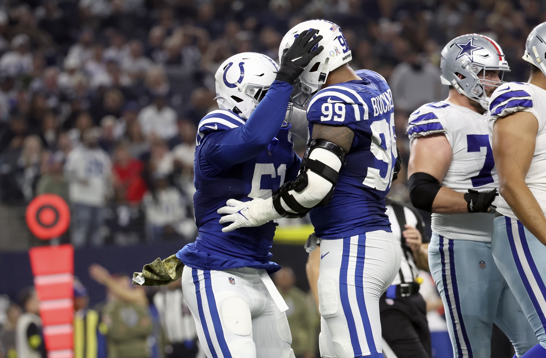 Indianapolis Colts defensive tackle DeForest Buckner (99) warms up