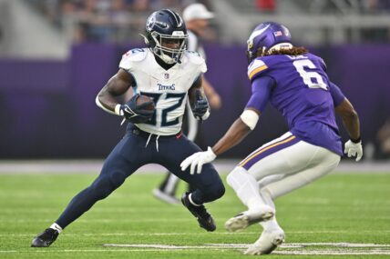 Minnesota Vikings cornerback NaJee Thompson (36) reacts after a play during  an NFL preseason football game against the Tennessee Titans, Saturday, Aug.  19, 2023 in Minneapolis. Tennessee won 24-16. (AP Photo/Stacy Bengs